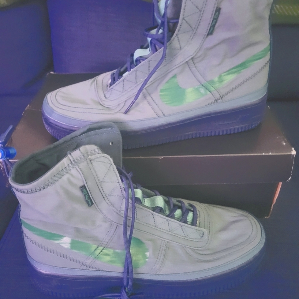 Nike Air Force 1 Elephant in Light and Dark Blue with green swoosh and accents.